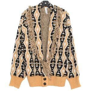 Cardigan Sweater Aztec Western Rustic Cozy Hygge Grandma Fringe Mustard Black 2X